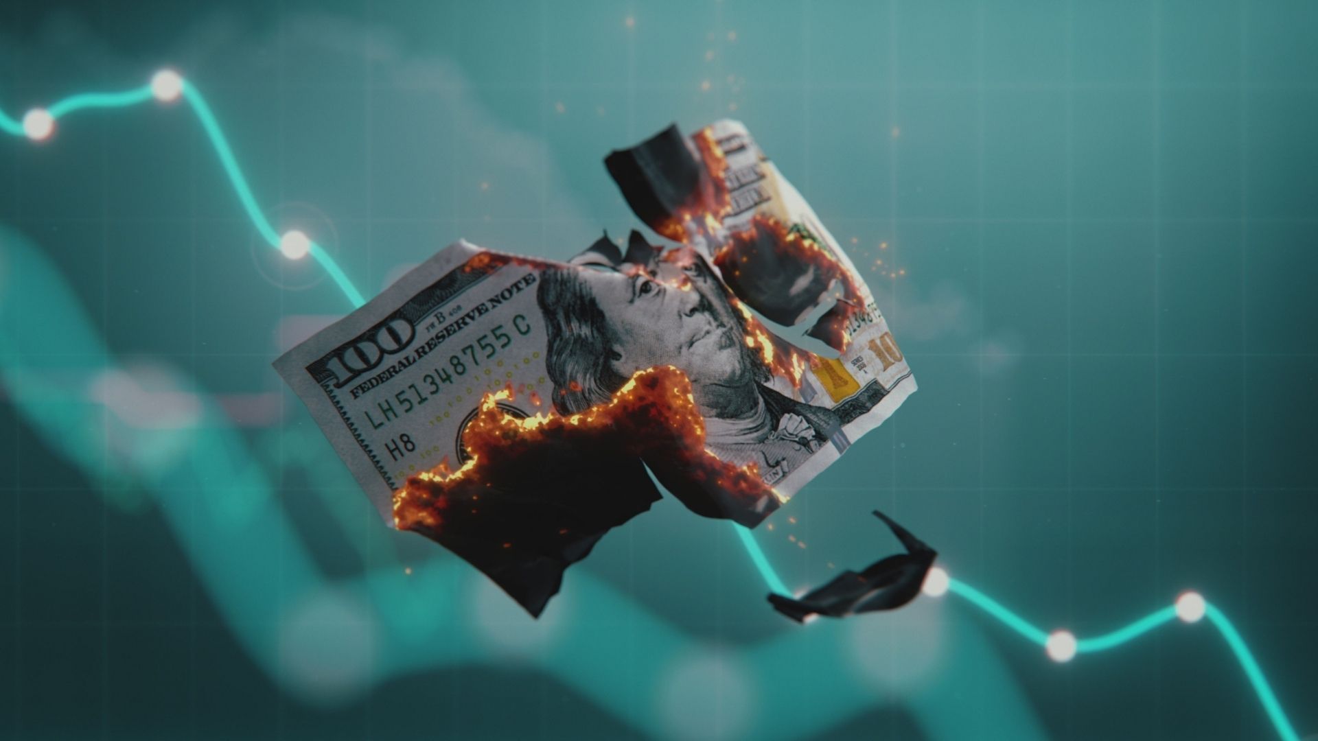 3D Graphics of Burning Hundred Dollar Bill and Charts