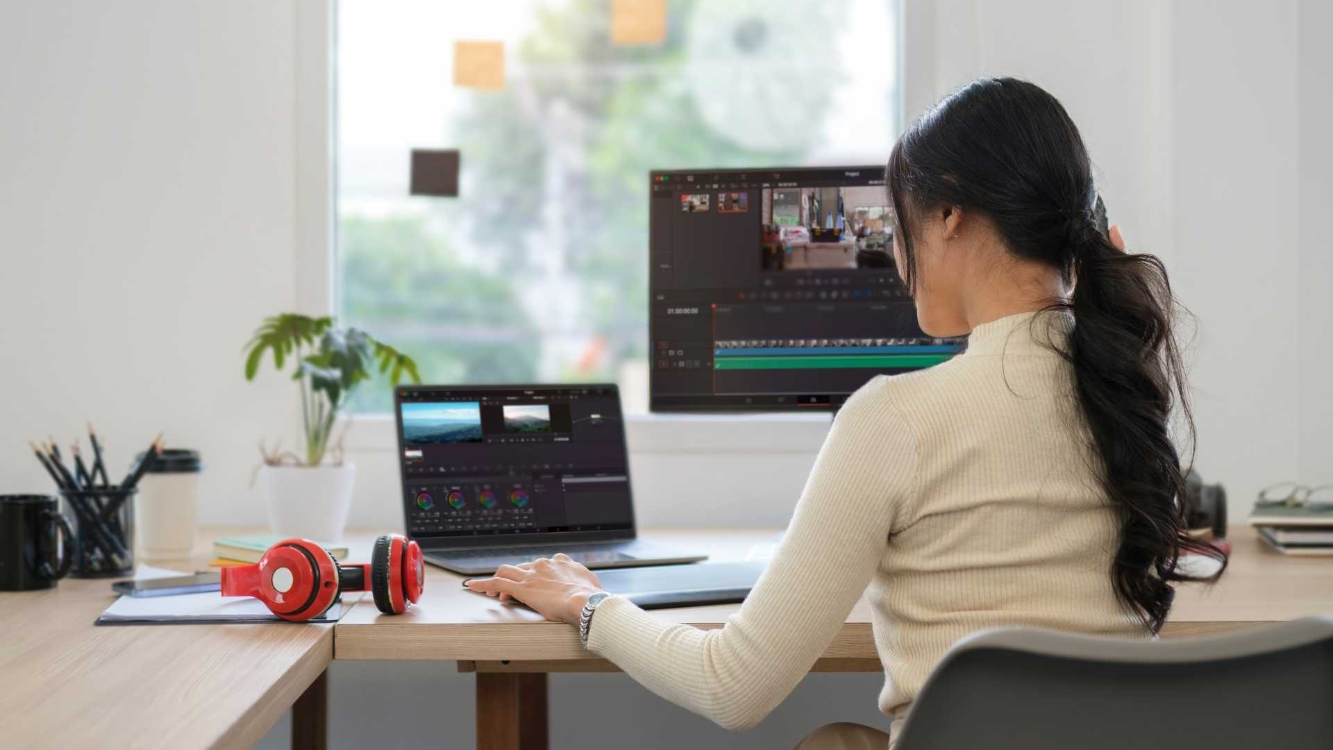 woman editing video footage