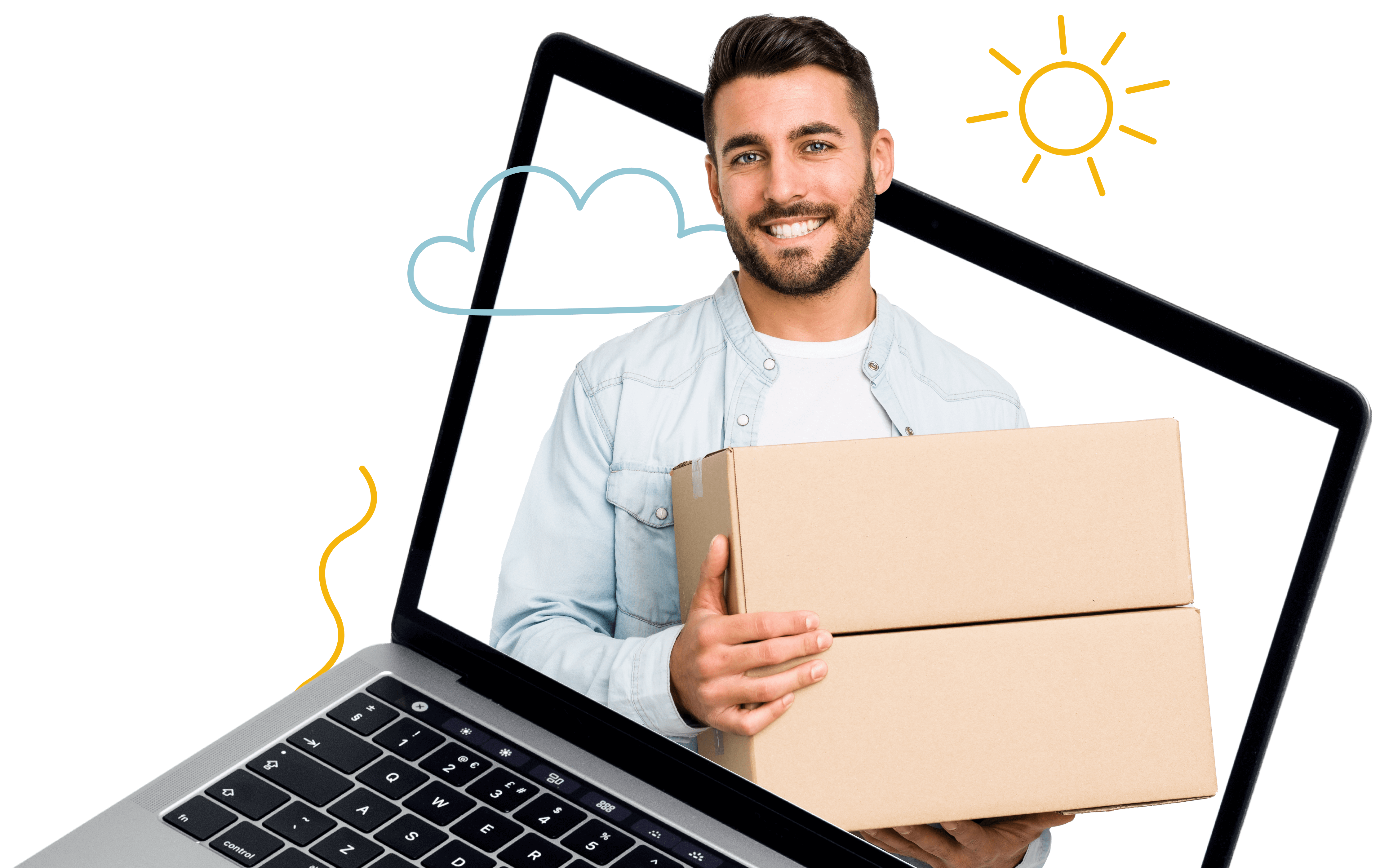 A man inside the laptop holding a box