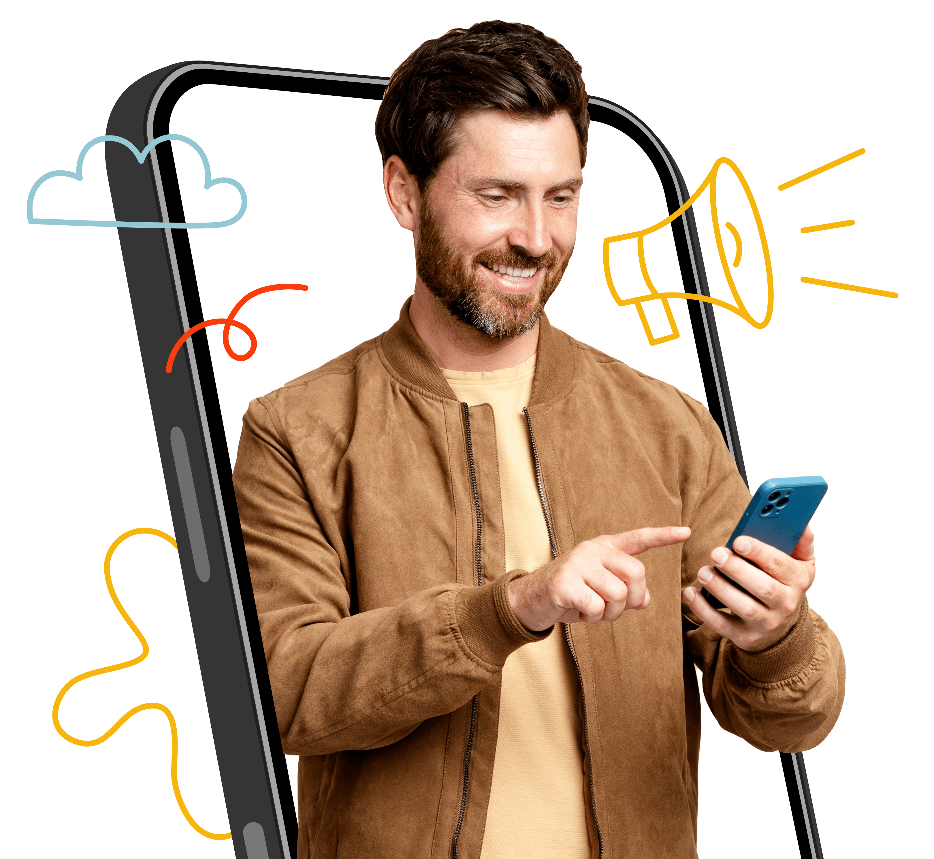 A man wearing a brown jacket is using a phone