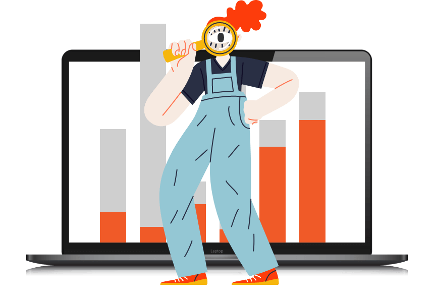 A woman in front of the laptop handles a magnifying glass