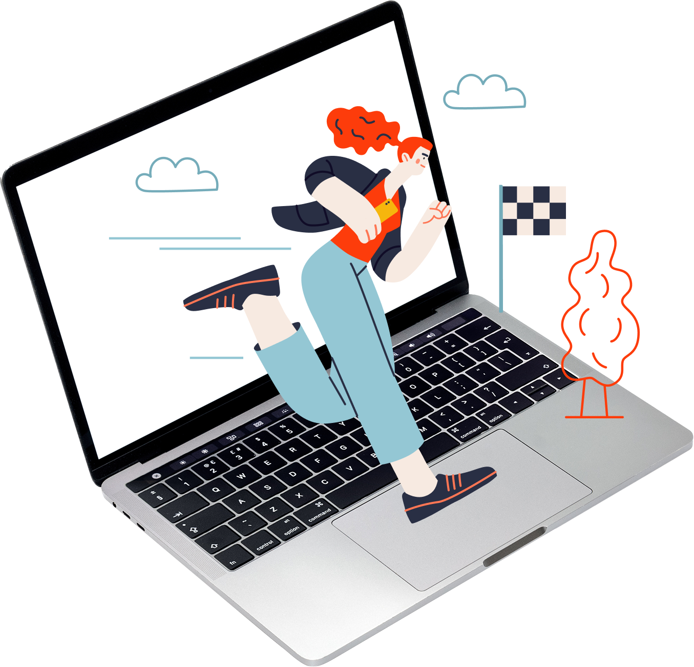 An animated woman is running above the laptop