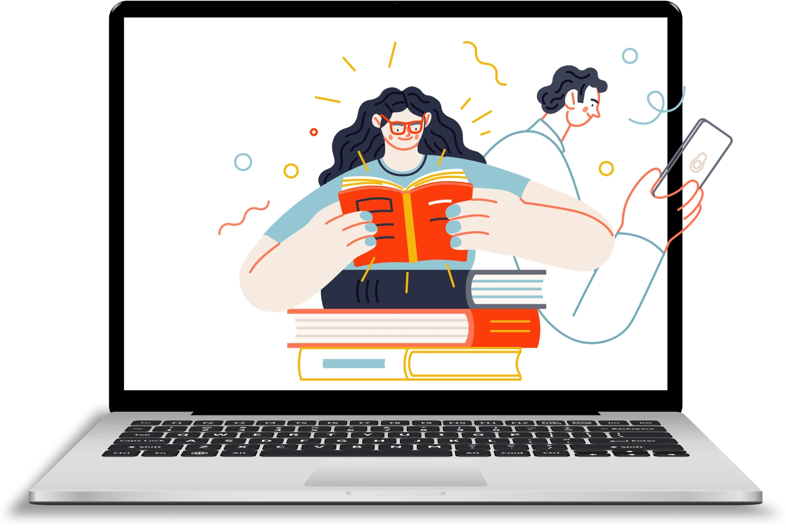 A couple inside a laptop reading books