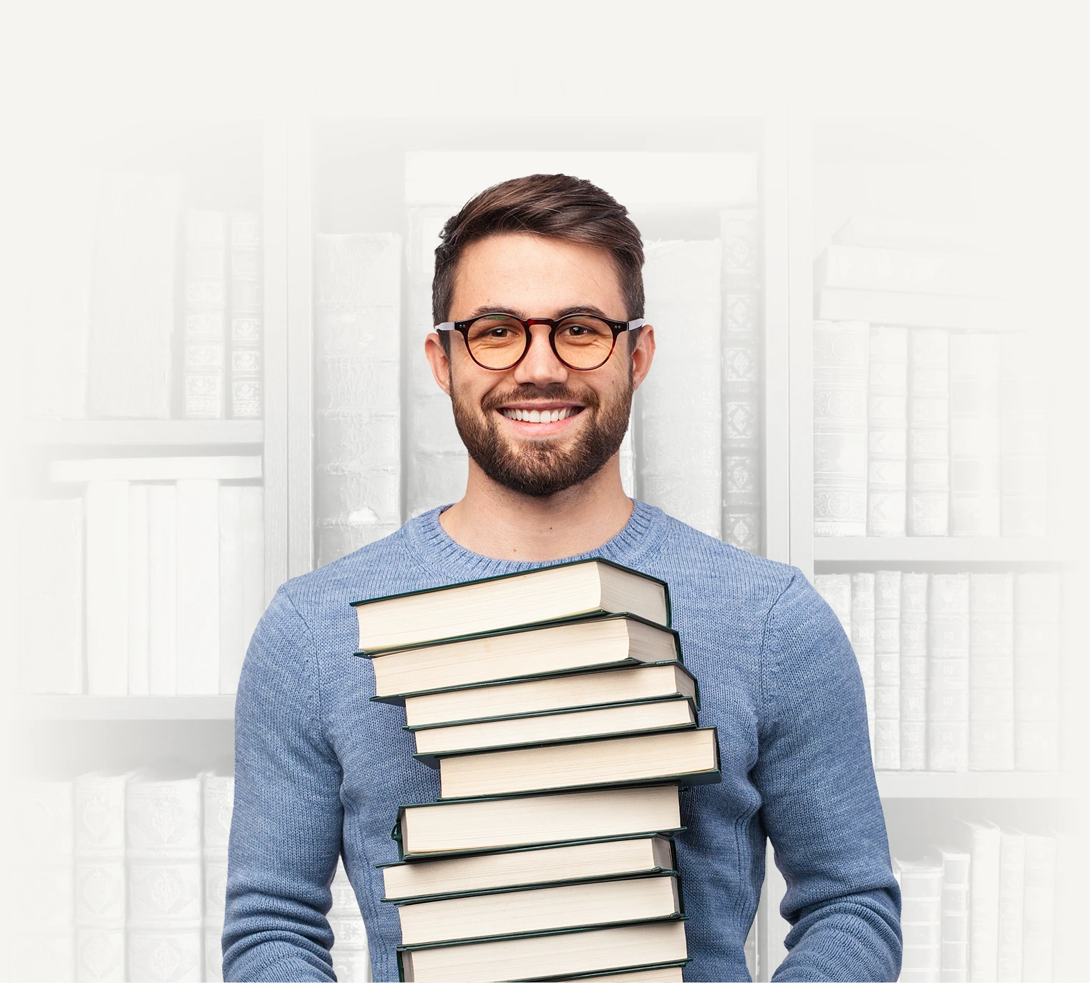 A man holding lots of law firm books