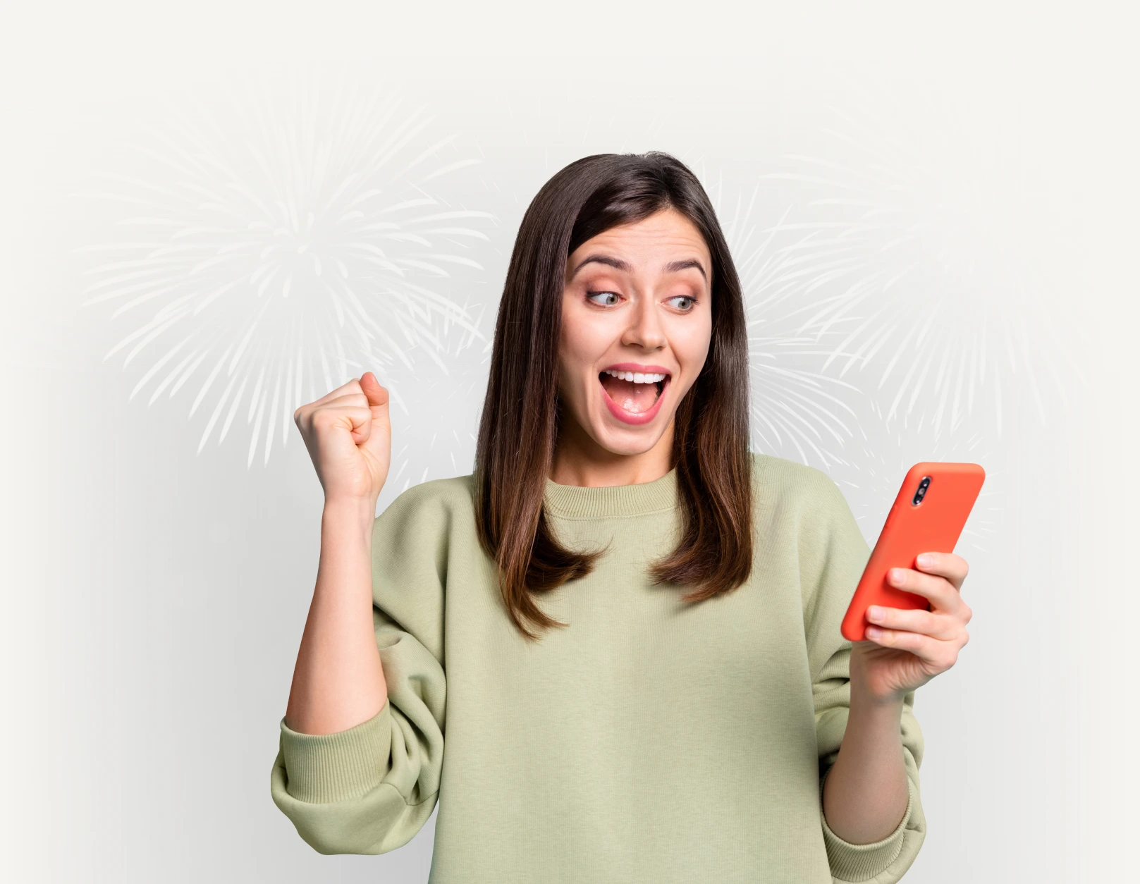 A woman using a red phone with minimal firework background
