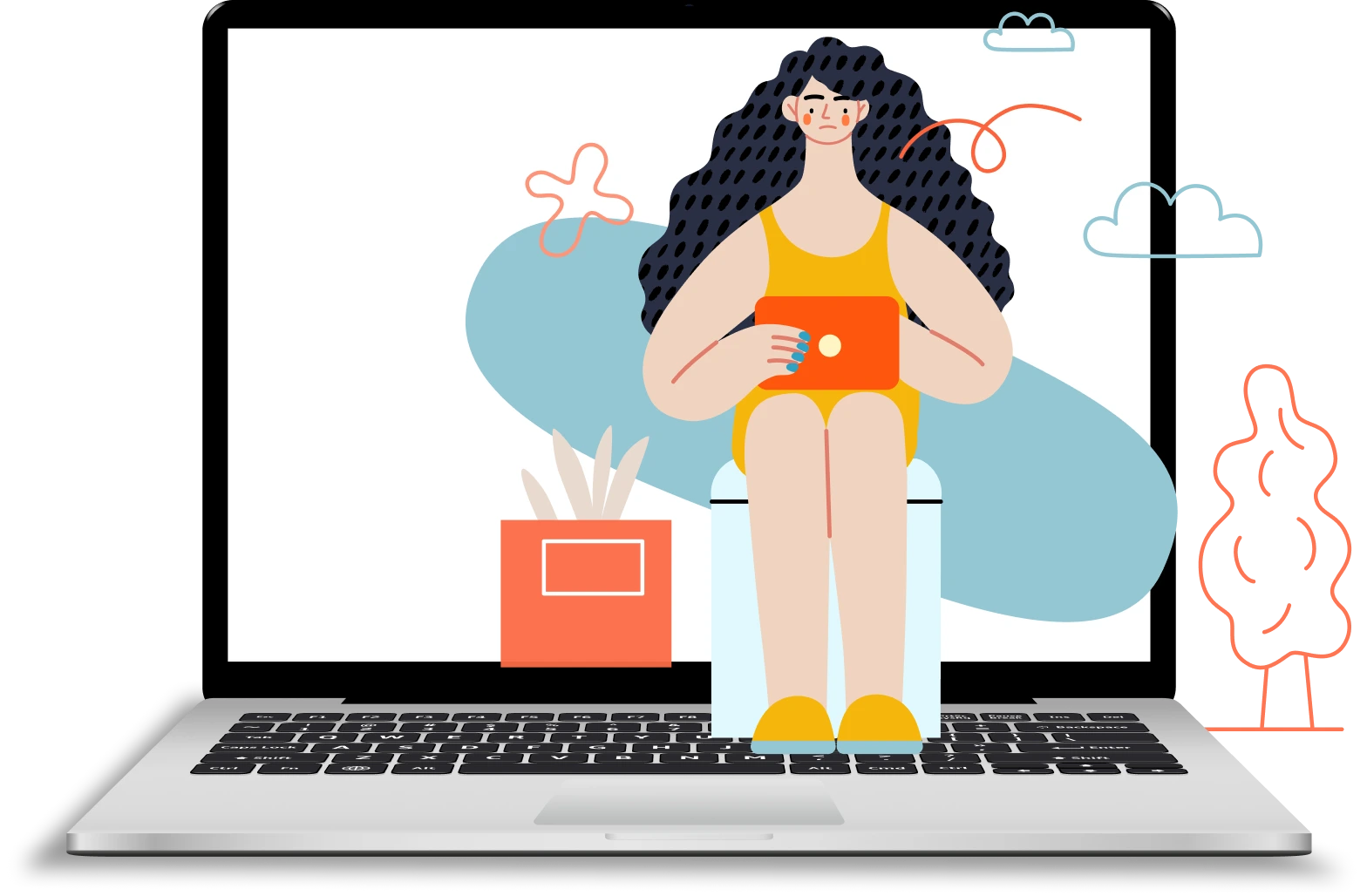 An animated woman using a tablet while sitting in front of a laptop