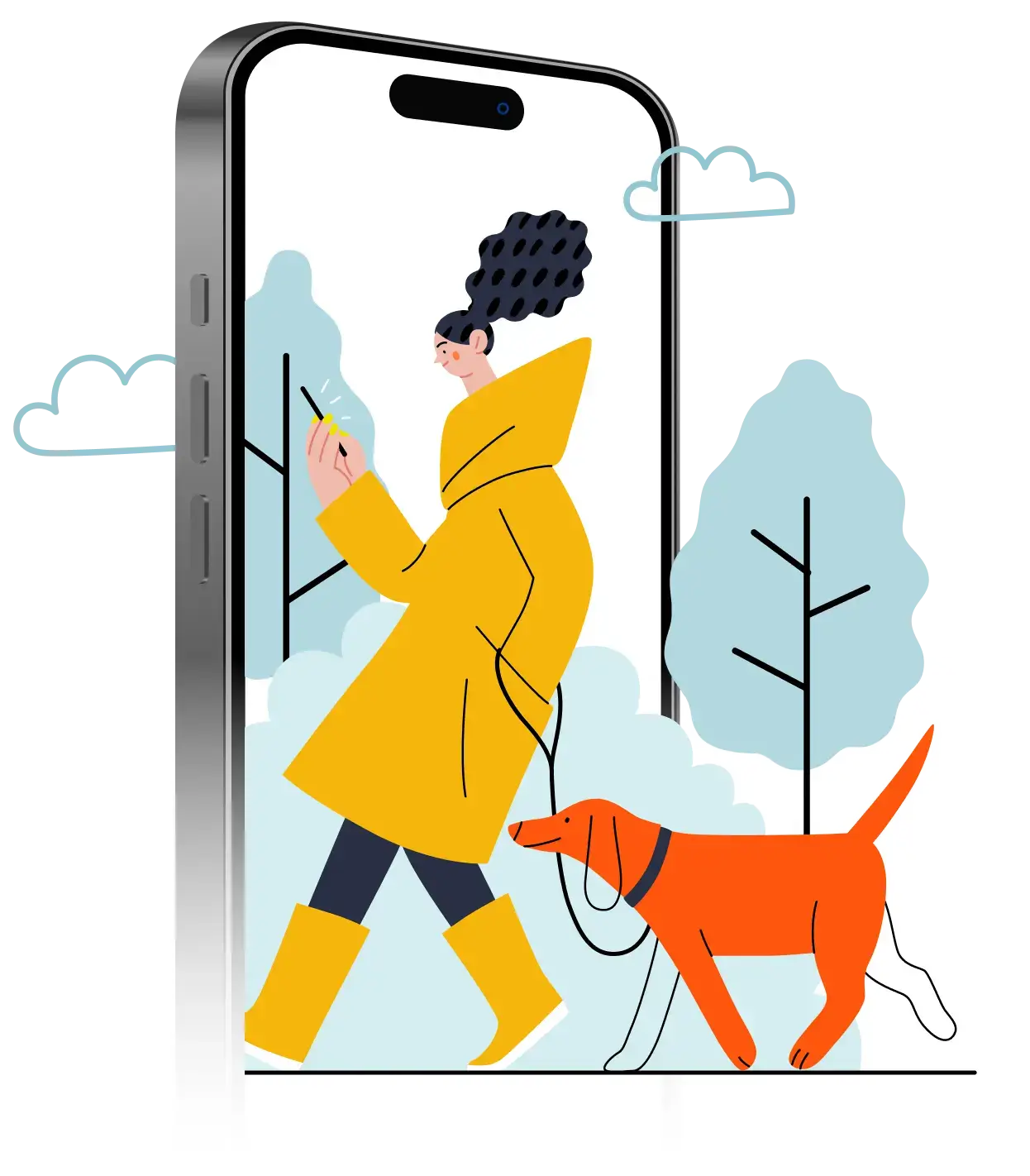 animated graphic of a woman walking her dog while looking at the phone