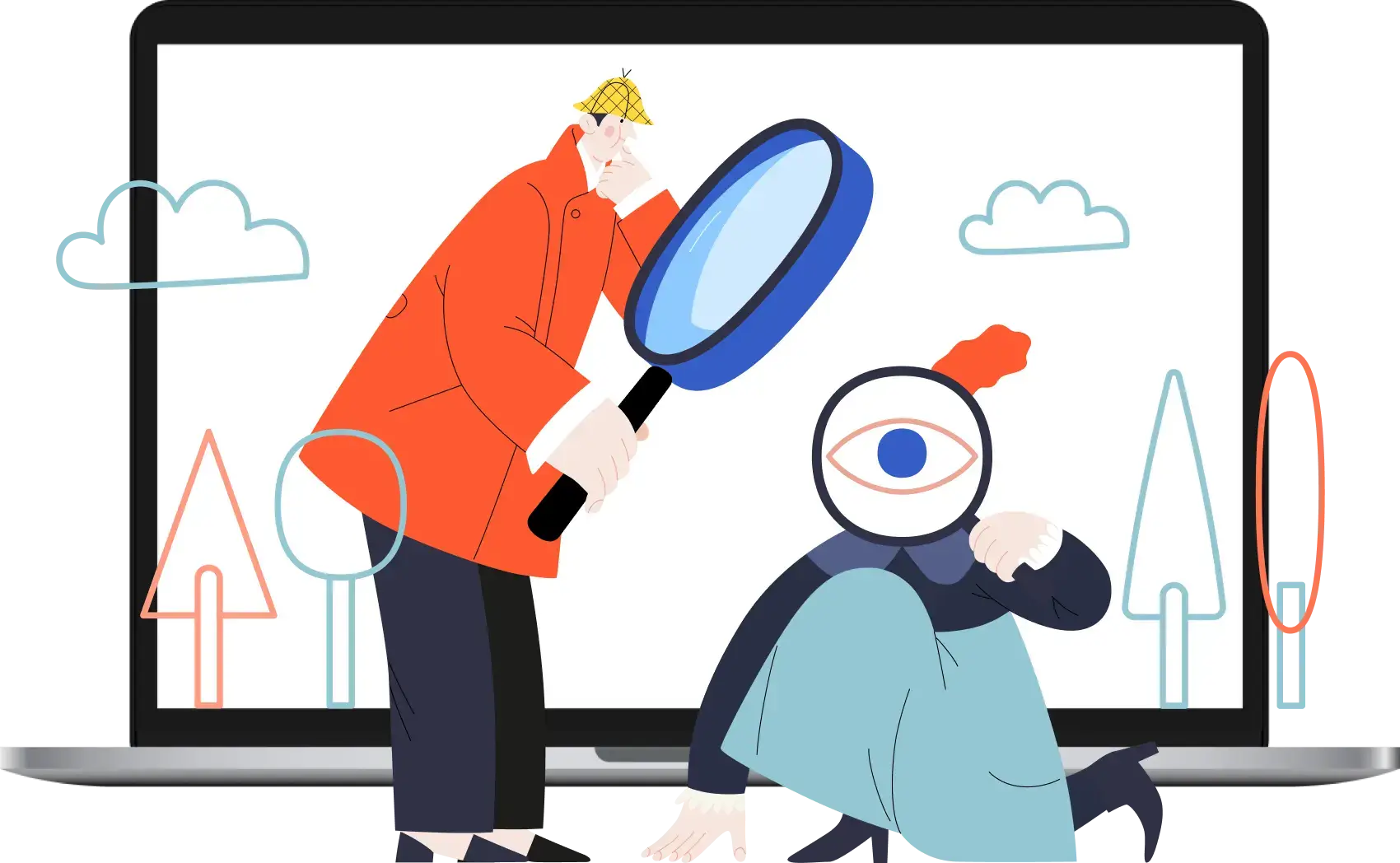 animated graphic of two person using magnifying glass