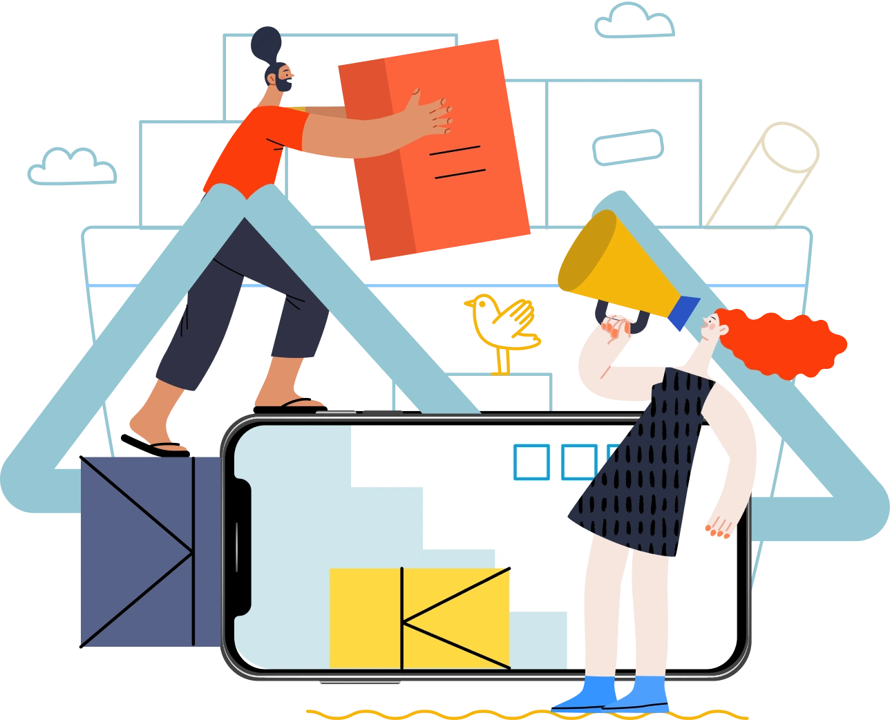 Colorful illustration of two people interacting with large digital elements, including a smartphone and geometric shapes