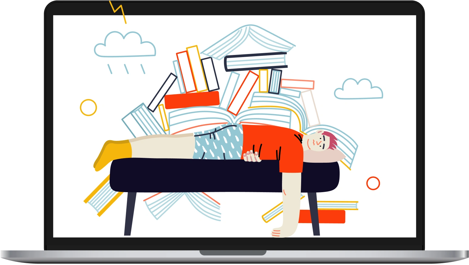 Illustration of a tired person lying on a couch surrounded by books displayed on a laptop screen