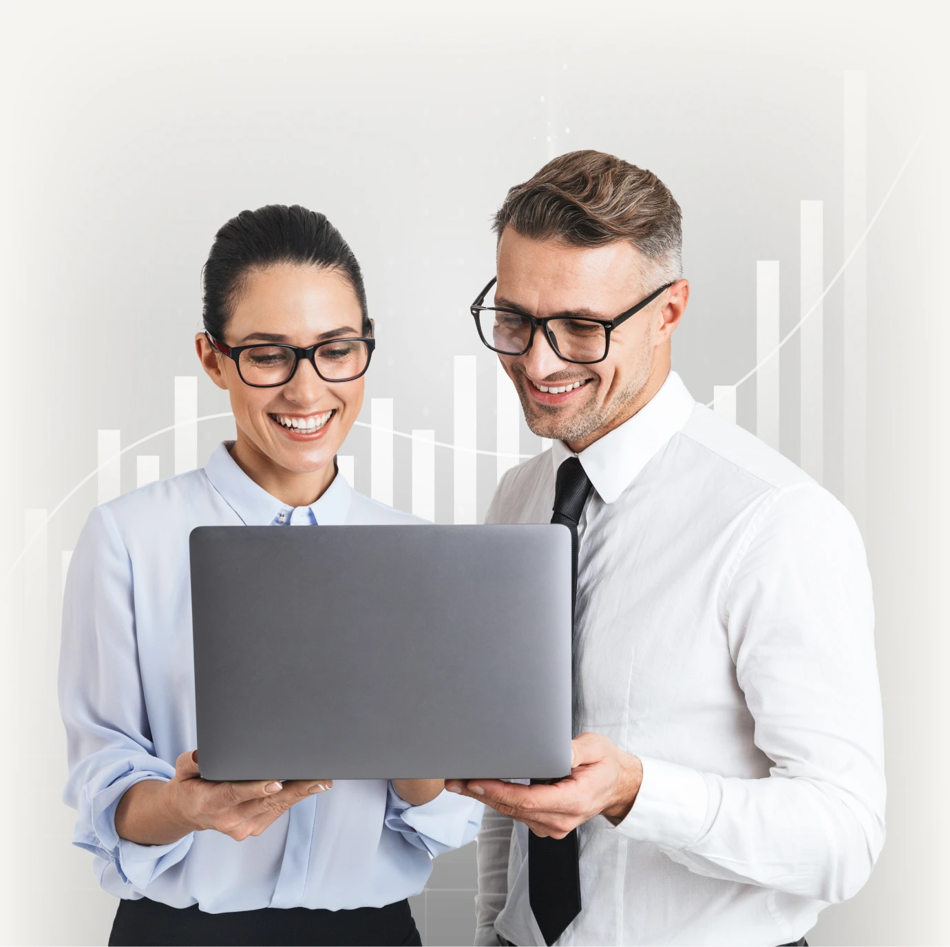Image of young business colleagues couple isolated over graph wall background using laptop computer